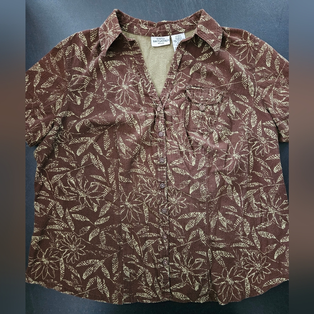 NWOT - White Stag Cotton Stretch Brown Floral Button-Up Shirt - Size 1X